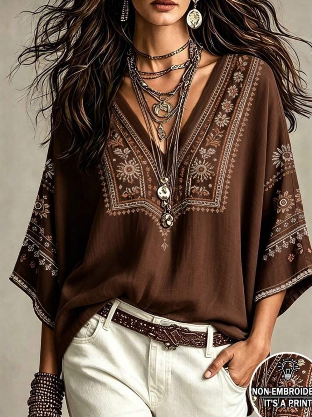 Boho Floral Print  V-Neck Women’s Top - Brown
